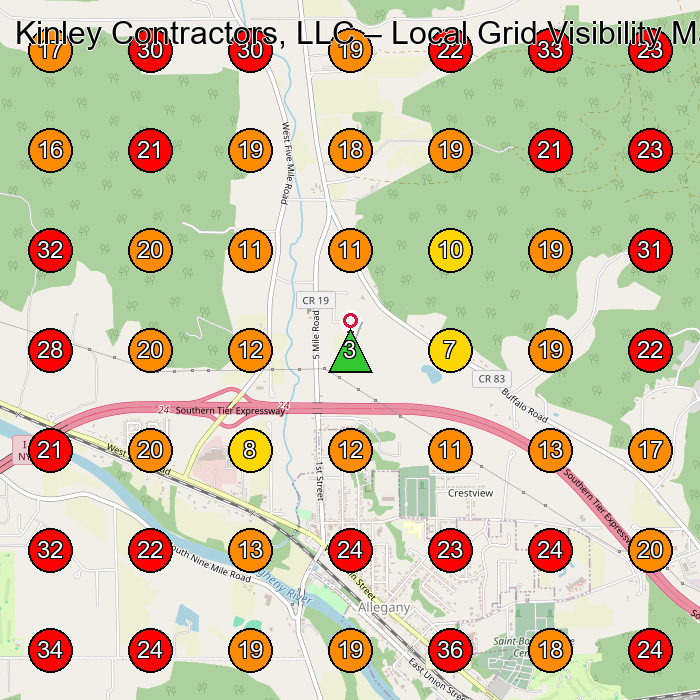 Kinley Contractors, LLC GeoGrid visibility map for General Contractor in Allegany
